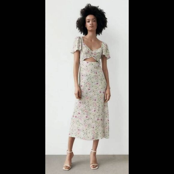 ZARA NWT SS22 WOMAN MULTICOLORED FLORAL PRINT MIDI DRESS CUT OUT size Small. - Picture 5 of 15